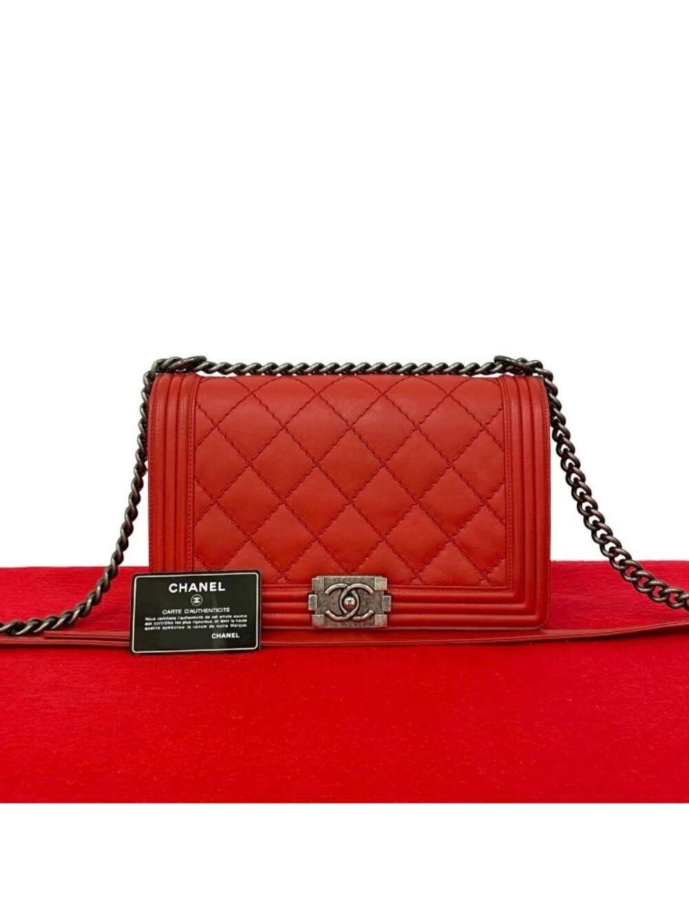 Chanel Boy CC Logo Leather Chain Shoulder Bag Red